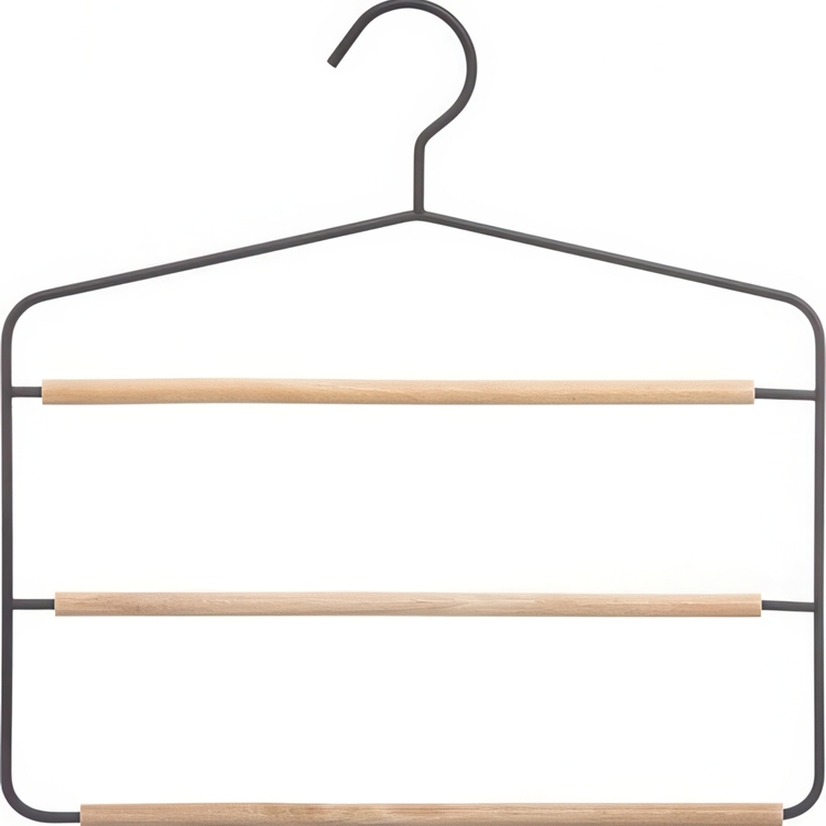 Galge för byxor, Metall och trä, STRONG 3-PANTS HANGER, 34 x H 36 cm, Svart / Natur