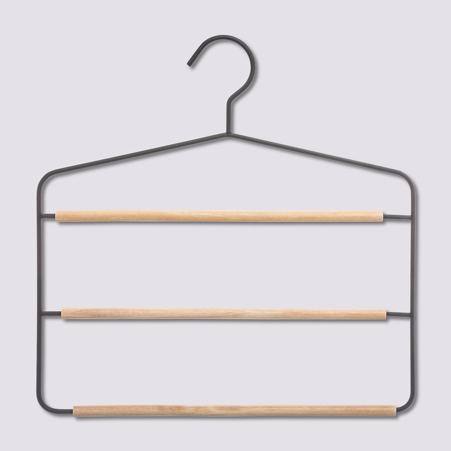 Galge för byxor, Metall och trä, STRONG 3-PANTS HANGER, 34 x H 36 cm, Svart / Natur