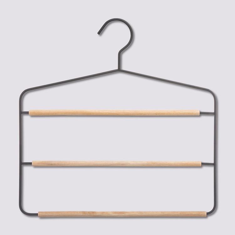 Galge för byxor, Metall och trä, STRONG 3-PANTS HANGER, 34 x H 36 cm, Svart / Natur