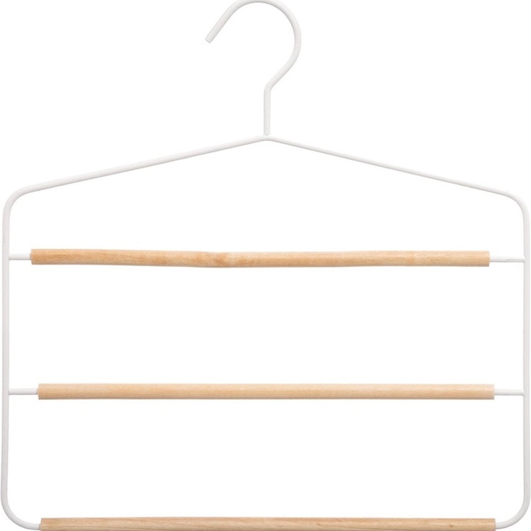 Galge för byxor, Metall och trä, STRONG 3-PANTS HANGER, 34 x H.36 cm, Vit / Natur