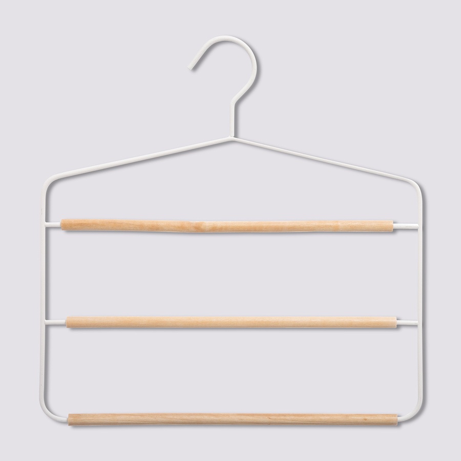 Galge för byxor, Metall och trä, STRONG 3-PANTS HANGER, 34 x H.36 cm, Vit / Natur
