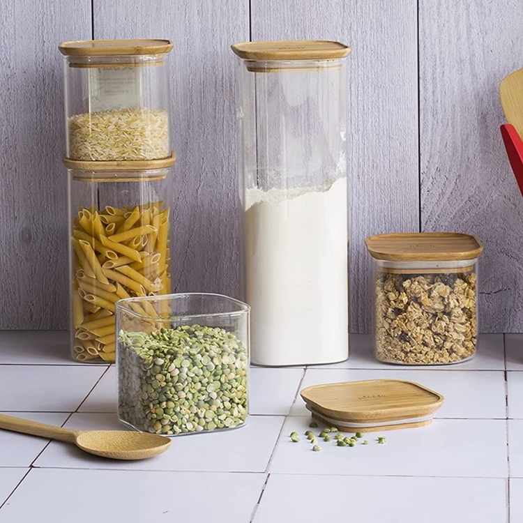 Glasburk för Spagetti, 2,2 L, PEBBLY SQUARE LARGE, Klar / Bambu