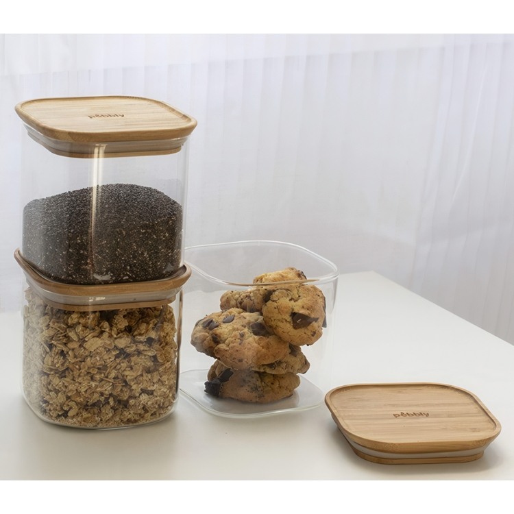 Glasburk för torrvaror, 0,8 L, PEBBLY SQUARE SMALL, Klar / Bambu