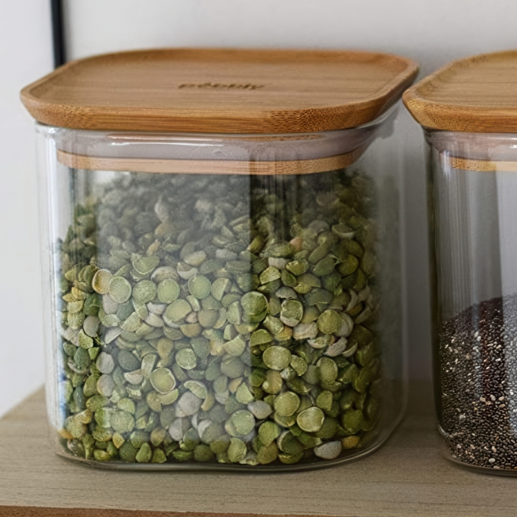 Glasburk för torrvaror, 0,8 L, PEBBLY SQUARE SMALL, Klar / Bambu