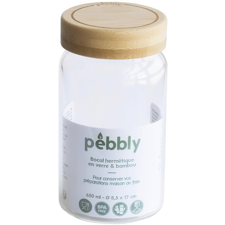 Glasburk med bambulock, 650 ml, PEBBLY MEDIUM ROUND POT, Ø 8,5 x H 17 cm, Klar / Natur
