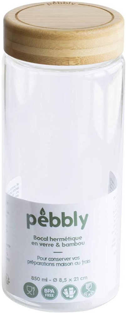 Glasburk med bambulock, 850 ml, PEBBLY LARGE ROUND POT, Ø 8,5 x H 21 cm, Klar / Natur