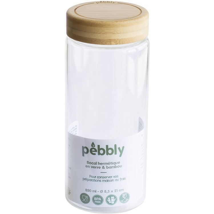 Glasburk med bambulock, 850 ml, PEBBLY LARGE ROUND POT, Ø 8,5 x H 21 cm, Klar / Natur