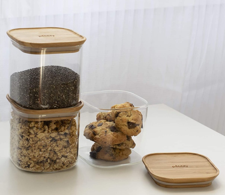 Glasburkar för torrvaror, 0,8 L, 3 st, PEBBLY SQUARE SMALL, Klar / Bambu