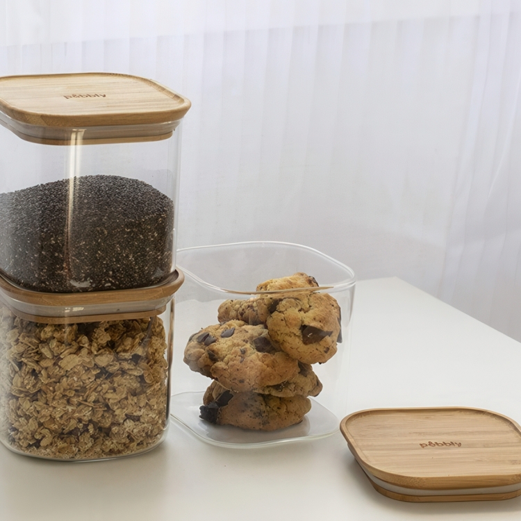 Glasburkar för torrvaror, 0,8 L, 3 st, PEBBLY SQUARE SMALL, Klar / Bambu