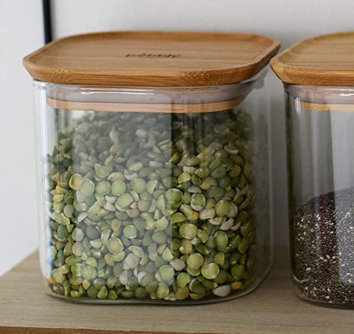 Glasburkar för torrvaror, 0,8 L, 3 st, PEBBLY SQUARE SMALL, Klar / Bambu