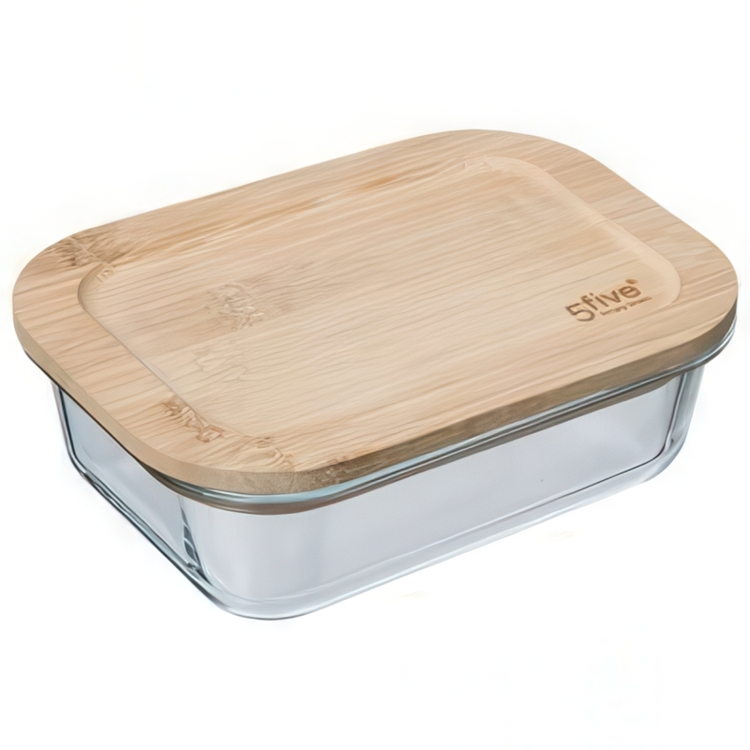 Glasmatlåda med Bambulock, 1 L, BOÎTE VERRE BAMBOU, 20 x 15 x H 6,7 cm, Klar / Natur