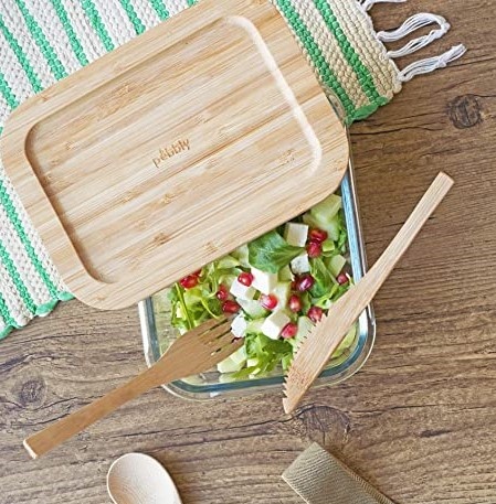Glasmatlåda med Bambulock, 1 L, PEBBLY MEDIUM COOK & STORE, 20 x 15 x H6,5 cm, Klar / Natur