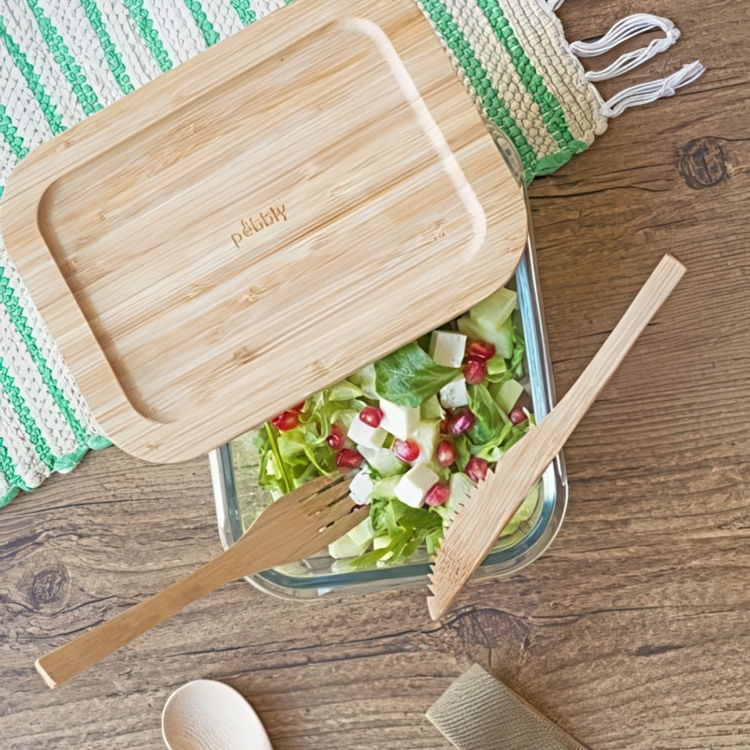 Glasmatlåda med Bambulock, 1 L, PEBBLY MEDIUM COOK & STORE, 20 x 15 x H6,5 cm, Klar / Natur