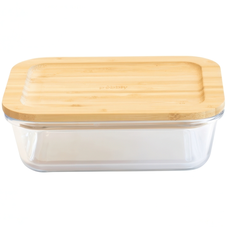 Glasmatlåda med Bambulock, 1,8 L, PEBBLY XL COOK & STORE, 23 x 16,5 x H 8 cm, Klar / Natur