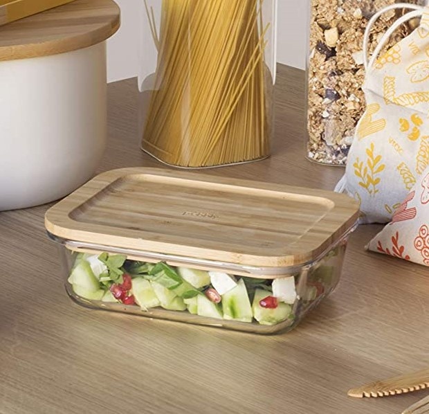 Glasmatlåda med Bambulock, 1,8 L, PEBBLY XL COOK & STORE, 23 x 16,5 x H 8 cm, Klar / Natur