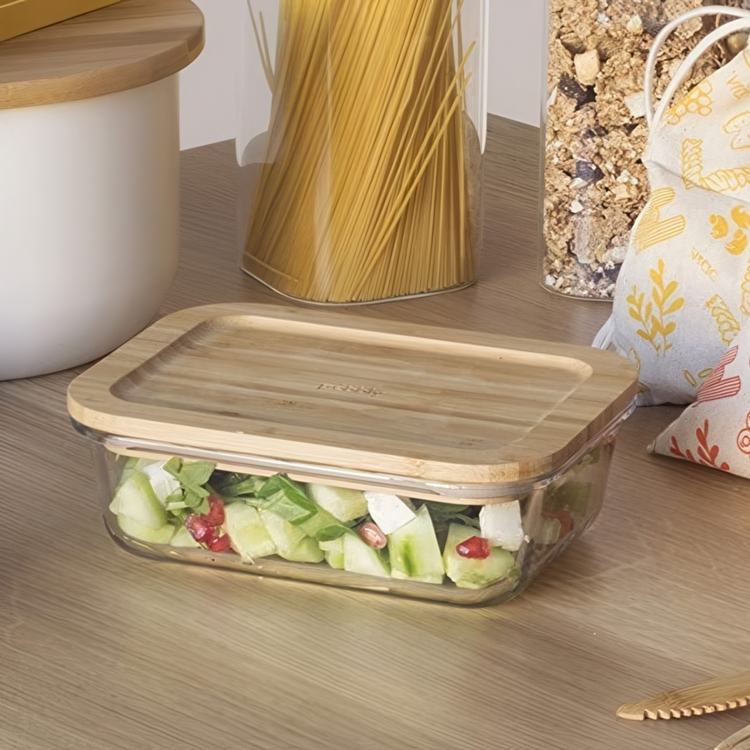 Glasmatlåda med Bambulock, 1,8 L, PEBBLY XL COOK & STORE, 23 x 16,5 x H 8 cm, Klar / Natur