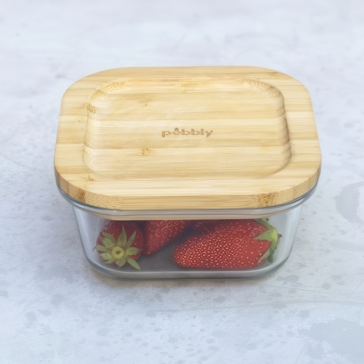 Glasmatlåda med Bambulock, 520ml, PEBBLY SQUARE COOK & STORE, 13 x13 x H 7 cm, Klar / Natur