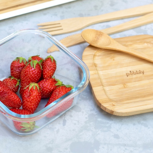 Glasmatlåda med Bambulock, 520ml, PEBBLY SQUARE COOK & STORE, 13 x13 x H 7 cm, Klar / Natur