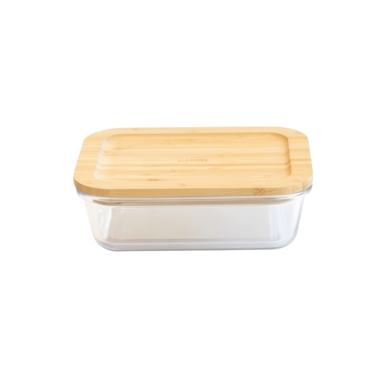 Glasmatlåda med Bambulock, 650ml, PEBBLY SMALL COOK & STORE, 17 x 12,5 x H6 cm, Klar / Natur