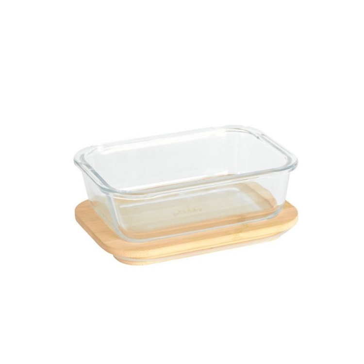 Glasmatlåda med Bambulock, 650ml, PEBBLY SMALL COOK & STORE, 17 x 12,5 x H6 cm, Klar / Natur