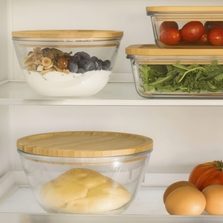 Glasskål med Bambulock, 1,6L, PEBBLY MEDIUM FOOD BOWL, Ø 19 x H 11 cm, Klar / Natur