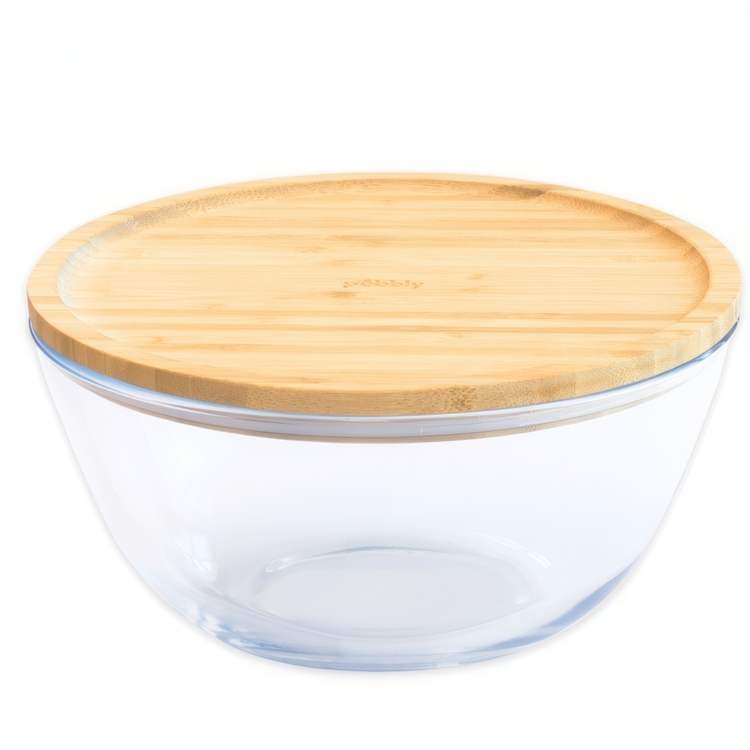 Glasskål med Bambulock, 2,6L, PEBBLY LARGE FOOD BOWL, Ø 23 x H 12 cm, Klar / Natur