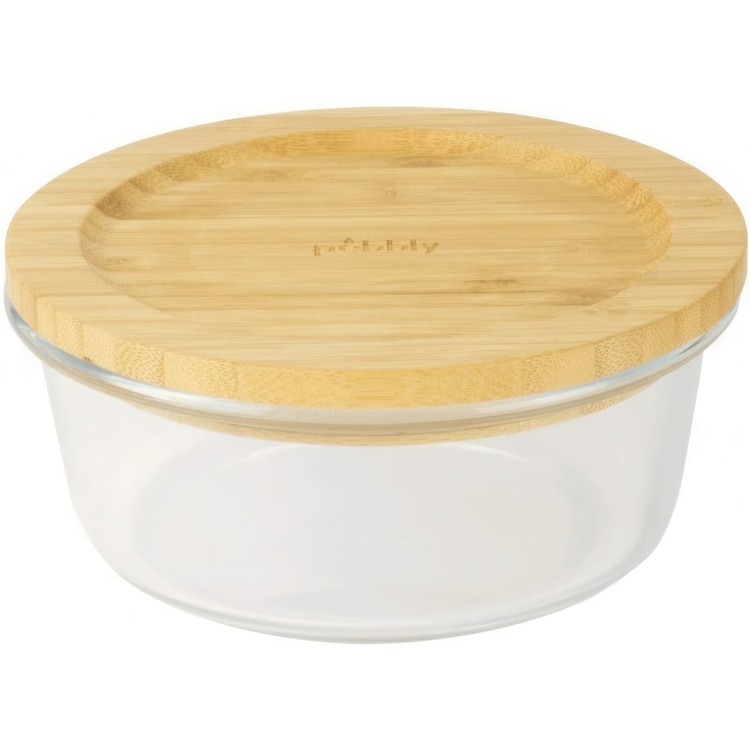 Glasskål med Bambulock, 620ml, PEBBLY MINI FOOD BOWL, Ø 15 x H 7 cm, Klar / Natur