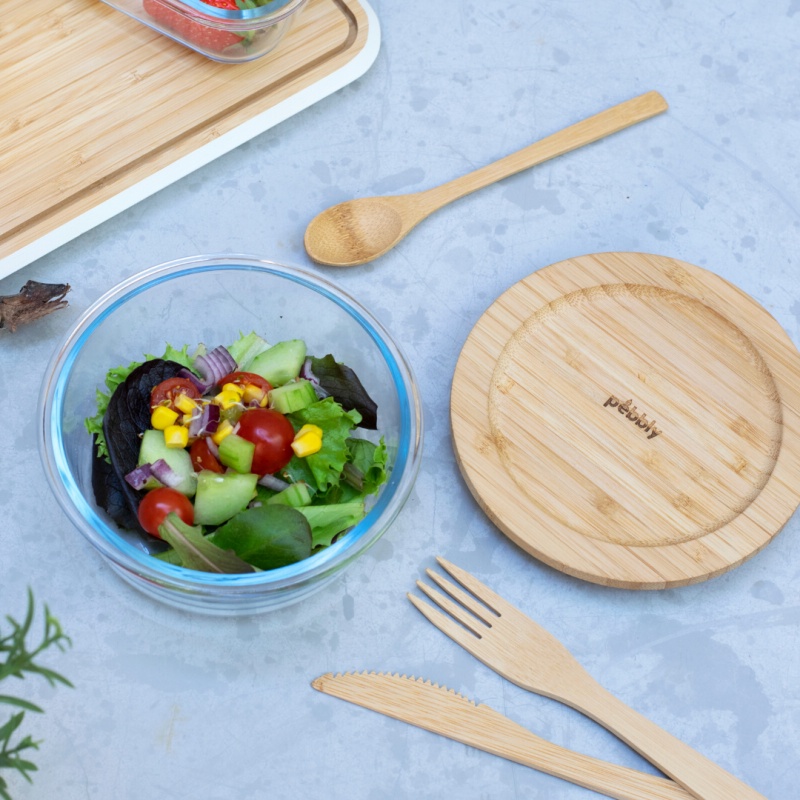Glasskål med Bambulock, 620ml, PEBBLY MINI FOOD BOWL, Ã˜ 15 x H 7 cm, Klar / Natur
