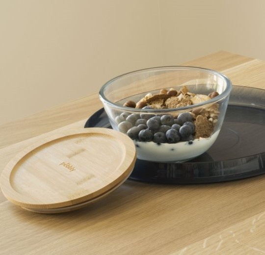 Glasskål med Bambulock, 770ml, PEBBLY SMALL FOOD BOWL, Ã˜ 15 x H 9 cm, Klar / Natur