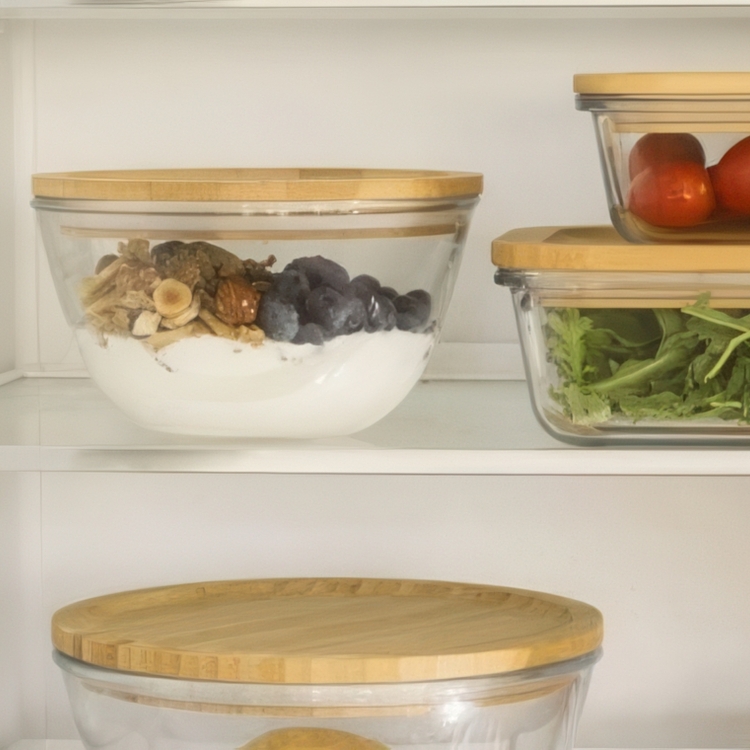 Glasskål med Bambulock, 770ml, PEBBLY SMALL FOOD BOWL, Ø 15 x H 9 cm, Klar / Natur