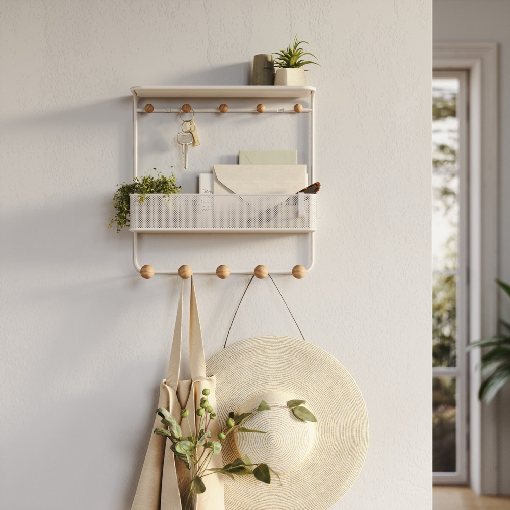 Hylla med 10 krokar, ESTIQUE, Umbra, 32 x 10 x H 31 cm, Vit / Natur