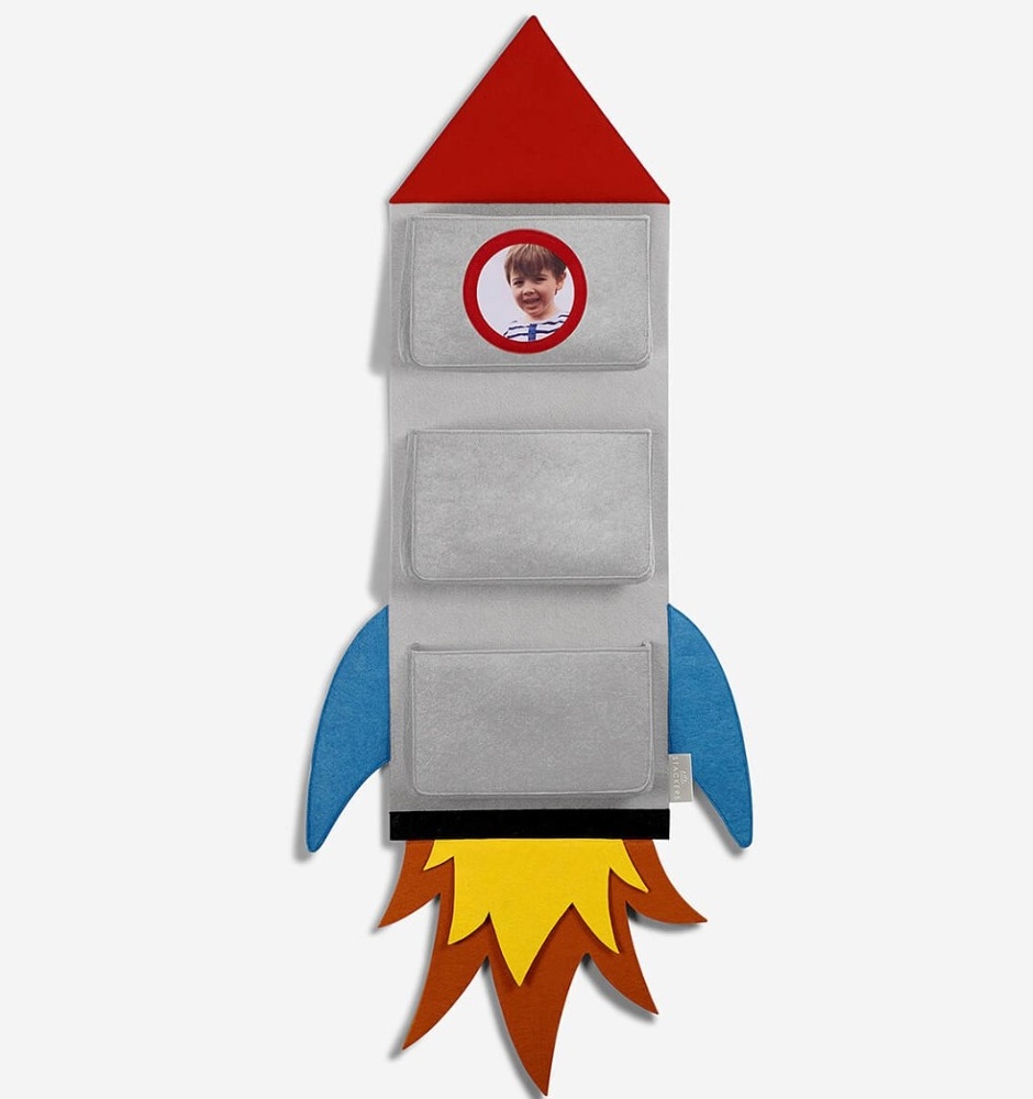 Hängande Förvaringsfickor, Rymdmotiv, ROCKET WALL POCKETS, 28 x H 85 cm, Grey