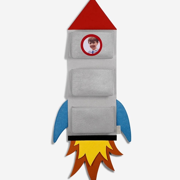 Hängande Förvaringsfickor, Rymdmotiv, ROCKET WALL POCKETS, 28 x H 85 cm, Grey