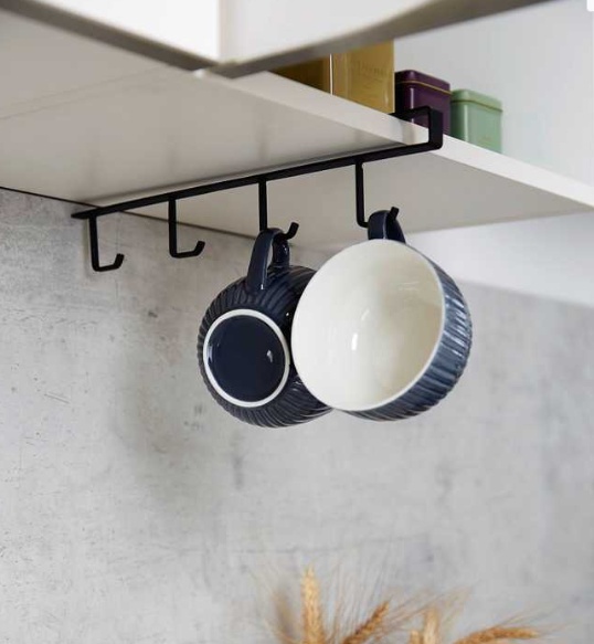 Hängare, under hylla, med 4 krokar för koppar, COFFEE CUP HANGER, Svart