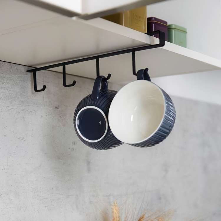 Hängare, under hylla, med 4 krokar för koppar, COFFEE CUP HANGER, Svart