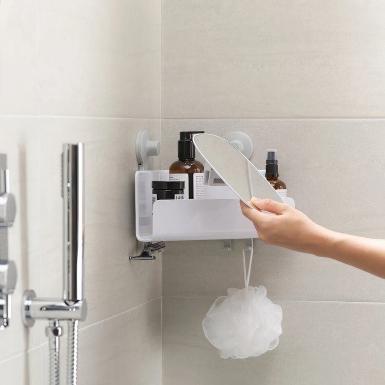 Hörnduschkorg med Spegel, EASY STORE CORNER, 26.5 x 18 x H 22 cm, Joseph Joseph, Vit