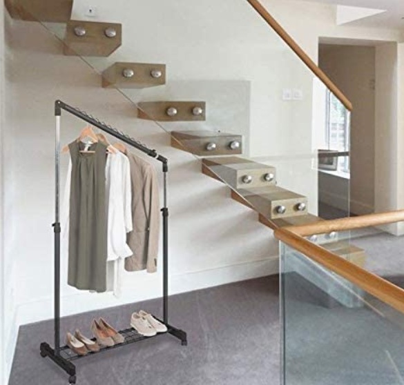 Klädställning med hjul, Sluttande, UNDER STAIRS, 91,5 x 42 x H 102 - 170 cm, Svart / Silver