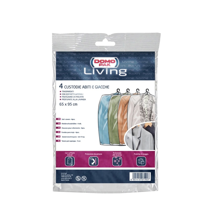 Klädöverdrag, korta, genomskinlig plast, 4 st, Lavendeldoft, LIVING, 65 x H95 cm, Klar