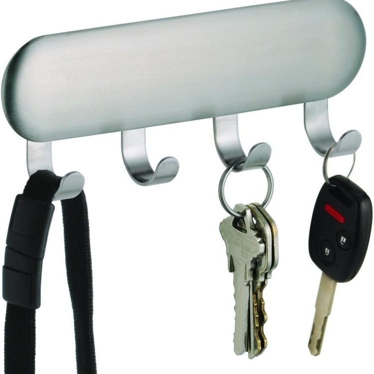 Kroklist, 4 krokar, Självhäftande, KEY RACK, 14 x 2,5 x H 5,5 cm, Borstat stål