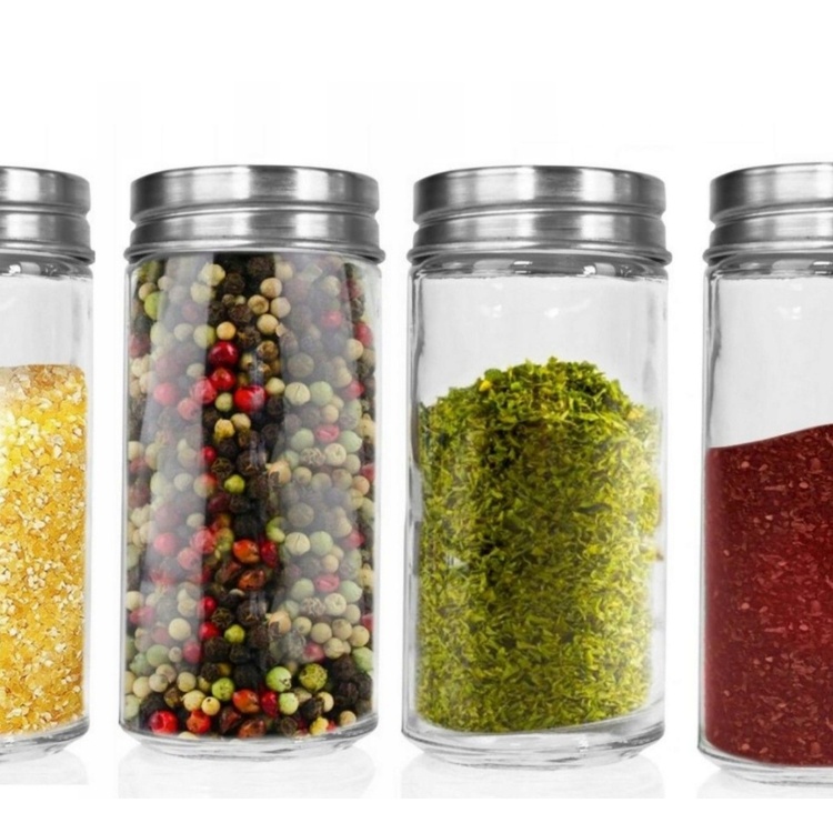 Kryddburkar i glas med metallock, 6 st, GLASS SPICE POTS, Ø 4,5 x H 9,5 cm, Klar / Silver