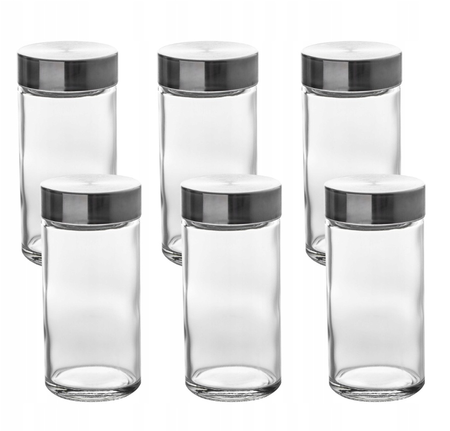 Kryddburkar i glas med metallock, 6 st, GLASS SPICE POTS, Ø 4,5 x H 9,5 cm, Klar / Silver