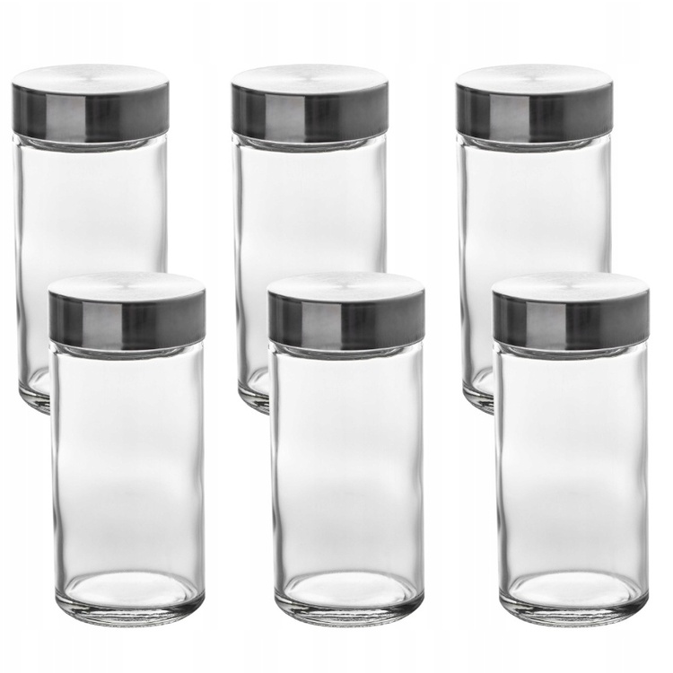 Kryddburkar i glas med metallock, 6 st, GLASS SPICE POTS, Ø 4,5 x H 9,5 cm, Klar / Silver