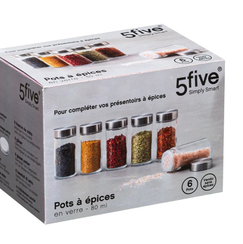 Kryddburkar i glas med metallock, 6 st, GLASS SPICE POTS, Ø 4,5 x H 9,5 cm, Klar / Silver