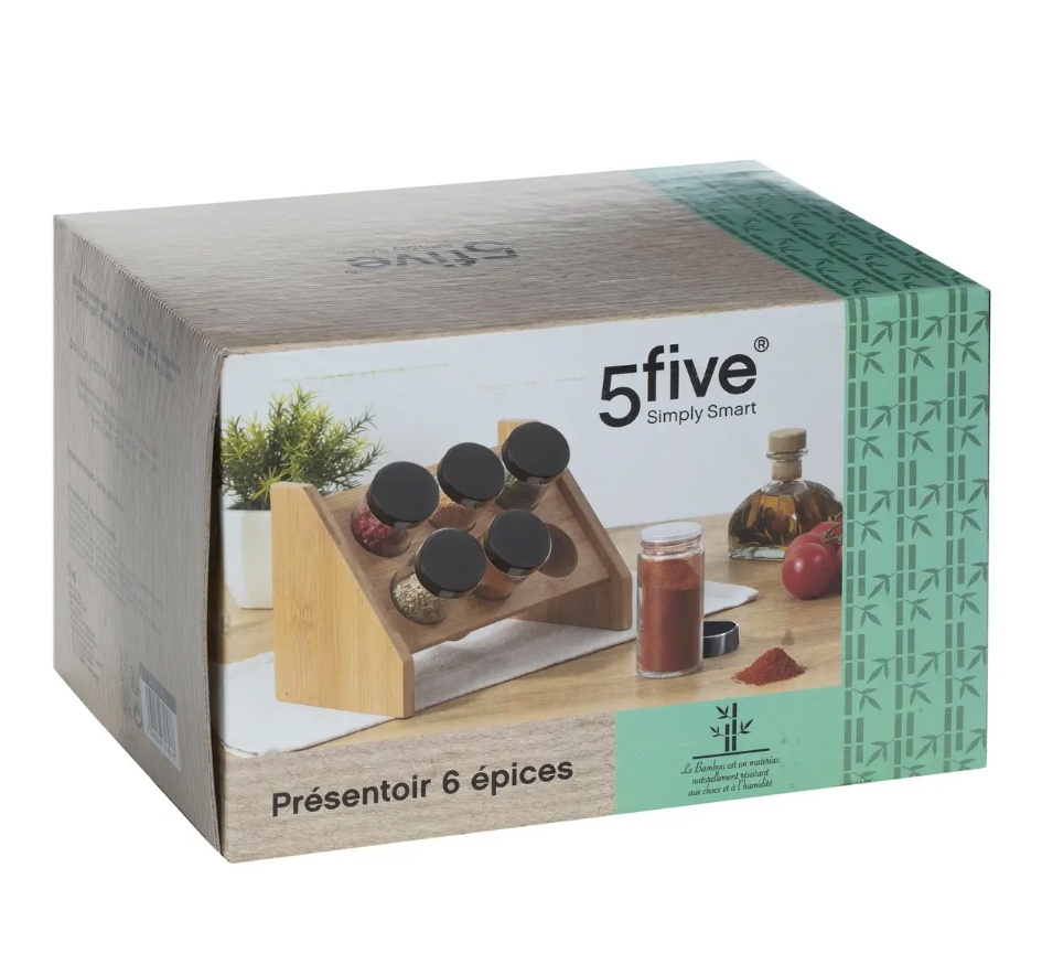 Kryddställ i bambu med 6 glasburkar, BAMBOO SPICE RACK, Natur
