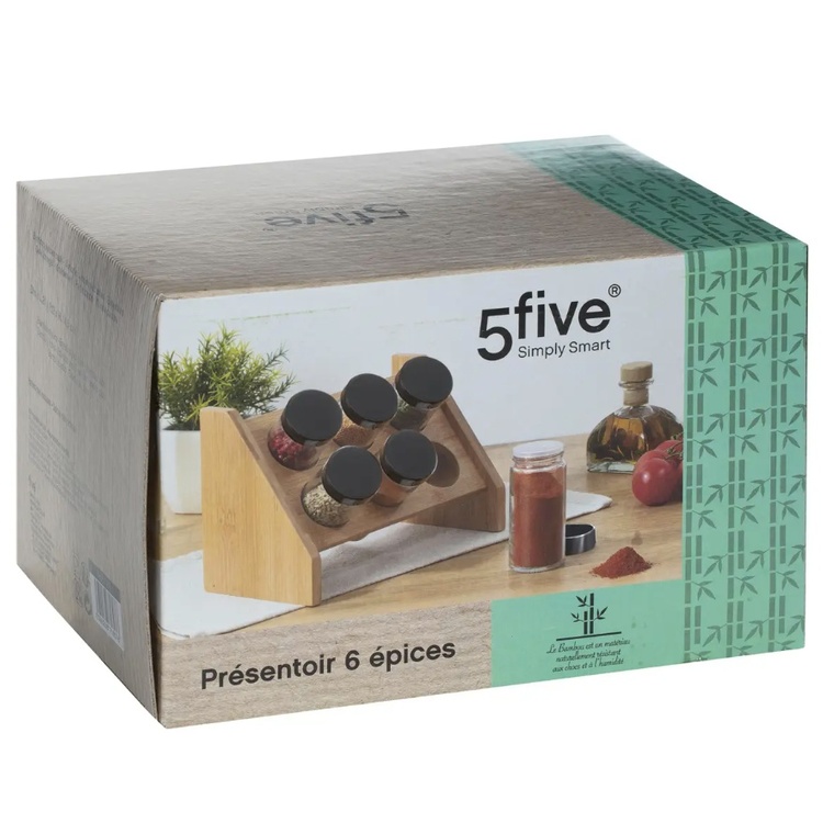 Kryddställ i bambu med 6 glasburkar, BAMBOO SPICE RACK, Natur