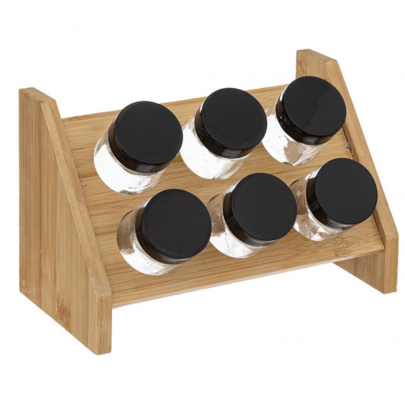 Kryddställ i bambu med 6 glasburkar, BAMBOO SPICE RACK, Natur