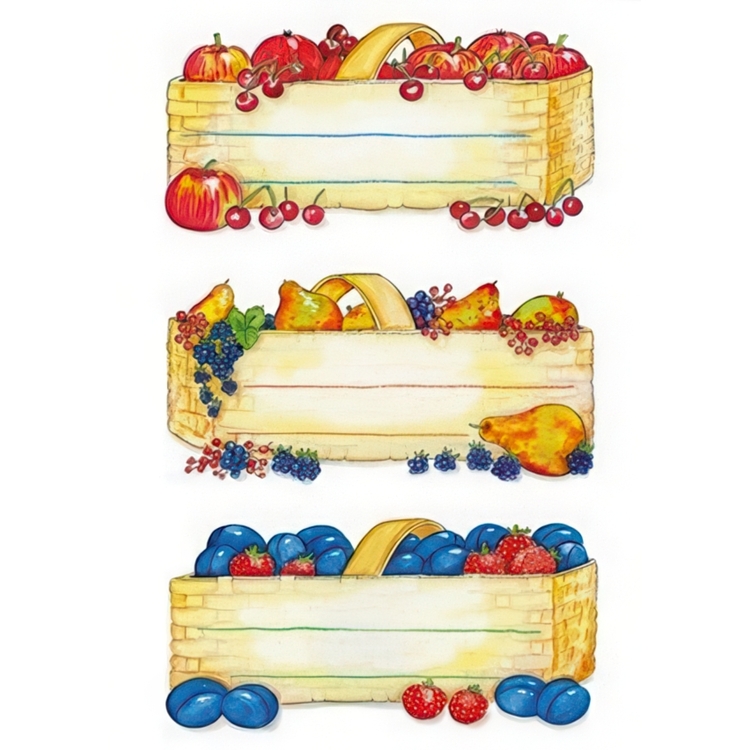Köksetiketter för frys- och syltburkar, 12 st, FRUIT BASKET 76 x 35 mm , Fruktmotiv