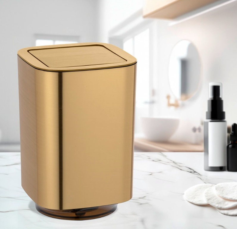 Liten Papperskorg med vipplock, 5,5 L, GLOSSY AURON, 17,2 x 17,2 x H 25,5 cm, Guld