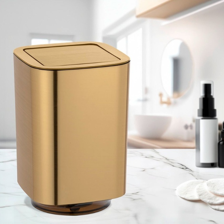 Liten Papperskorg med vipplock, 5,5 L, GLOSSY AURON, 17,2 x 17,2 x H 25,5 cm, Guld