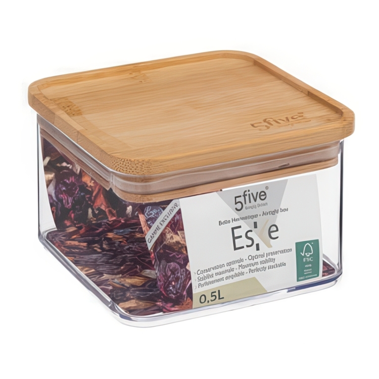 Lufttät behållare, Fyrkantig, 0,5 L, ESKE BAMBOO SMALL, 10,4 x 10,4 x H 7,2 cm, Klar / Natur